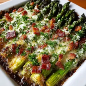 Oven-roasted asparagus spears topped with melted Asiago cheese, crispy bacon, and minced garlic