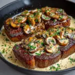 Juicy pan-seared steak topped with creamy garlic mushroom sauce, garnished with fresh parsley