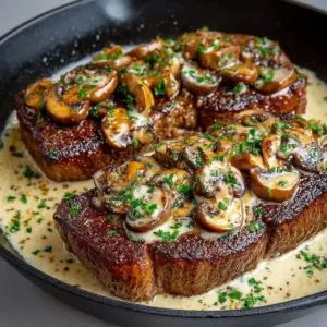 Juicy pan-seared steak topped with creamy garlic mushroom sauce, garnished with fresh parsley