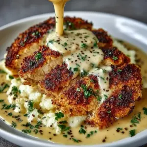 Parmesan crusted chicken breast drizzled with creamy garlic sauce on plate