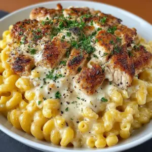 Bowl of Parmesan Garlic Chicken Mac and Cheese garnished with parsley and shredded cheese