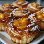 Golden peach pie cruffins in a muffin tin, with flaky layers and peach filling peeking through
