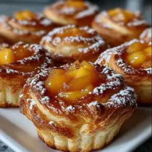 Golden peach pie cruffins in a muffin tin, with flaky layers and peach filling peeking through