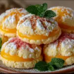 A plate of Peachy Ricotta Cookies with orange zest and mint leaf garnish