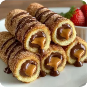 Plate of golden-brown French toast rolls filled with peanut butter and chocolate, dusted with powdered sugar