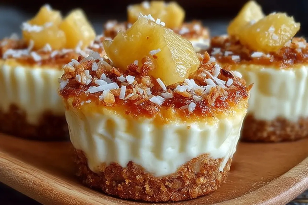 Delicious pineapple coconut cheesecake minis served on a plate.