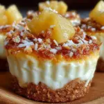 Delicious pineapple coconut cheesecake minis served on a plate.