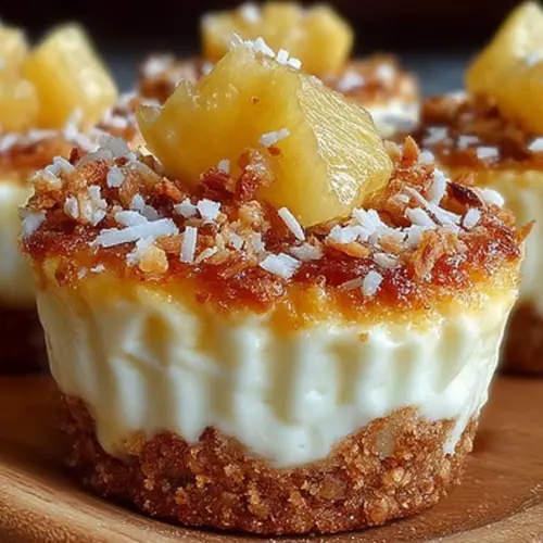 Delicious pineapple coconut cheesecake minis served on a plate.