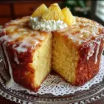 A moist slice of pineapple juice cake served on a plate with a dollop of whipped cream