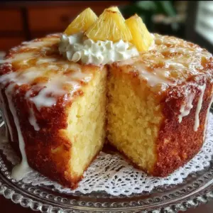 A moist slice of pineapple juice cake served on a plate with a dollop of whipped cream