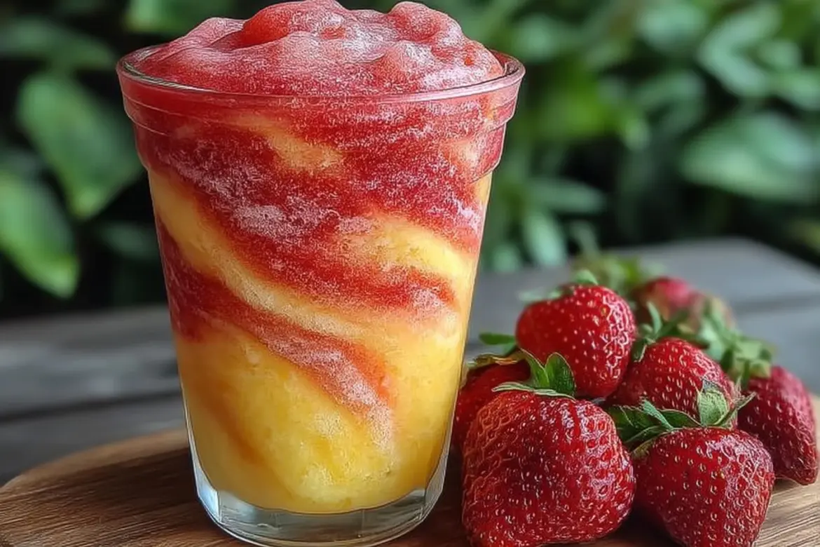 Pineapple Strawberry Swirled Slushies in a colorful glass with ice and fruit garnishes