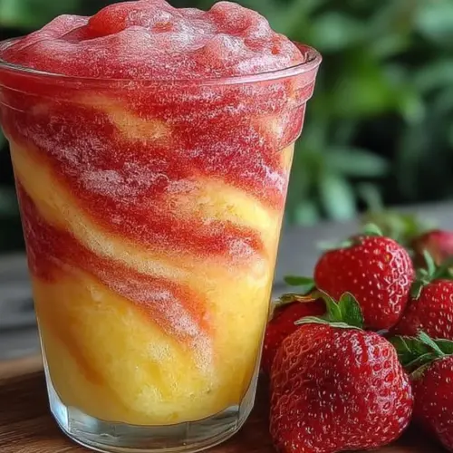 Pineapple Strawberry Swirled Slushies in a colorful glass with ice and fruit garnishes