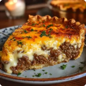 A golden slice of Pioneer Woman Cheeseburger Pie served on a plate with a side salad