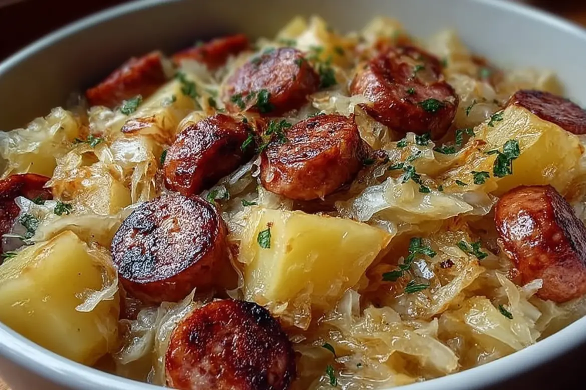 Plate of Polish sausage served with sauerkraut and potatoes