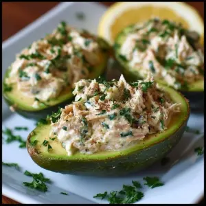 Delicious tuna stuffed avocados topped with fresh ingredients