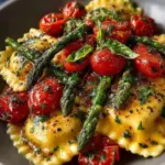 Plate of ravioli with tomatoes, asparagus, garlic, and herbs garnished beautifully