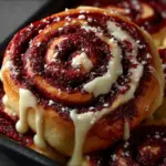 Red velvet cinnamon rolls topped with cream cheese frosting in a baking dish