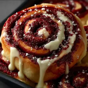 Red velvet cinnamon rolls topped with cream cheese frosting in a baking dish