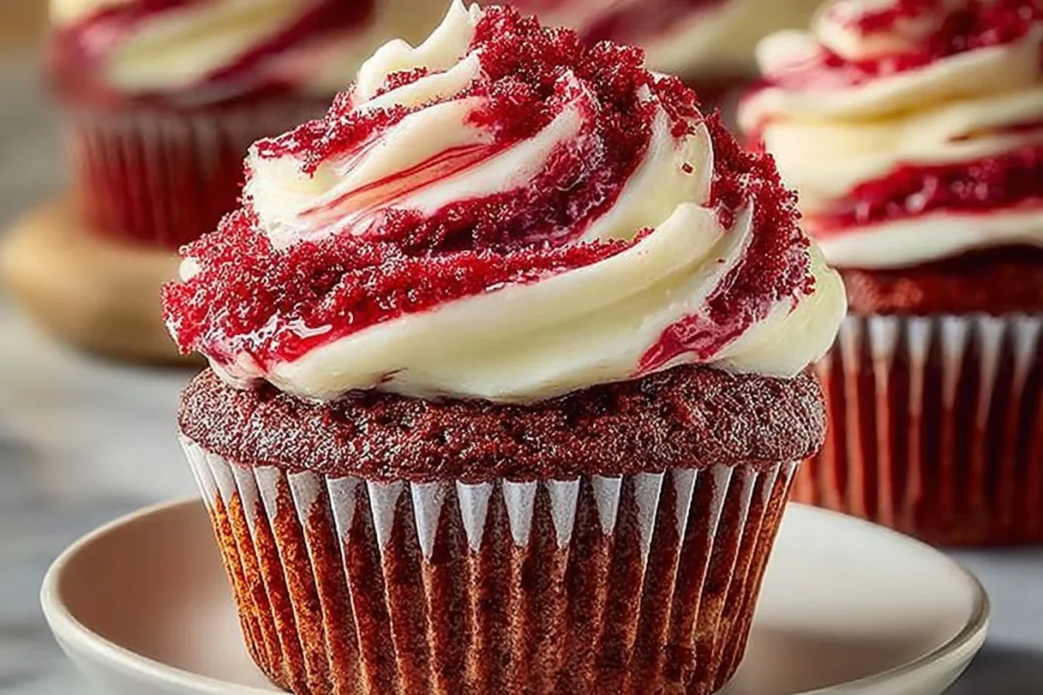 Delicious Red Velvet Marble Cupcakes topped with cream cheese frosting