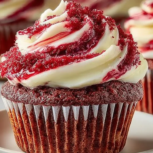 Delicious Red Velvet Marble Cupcakes topped with cream cheese frosting