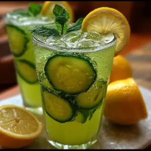 A glass of Refreshing Cucumber Lemonade garnished with lemon slices and mint on a summer table