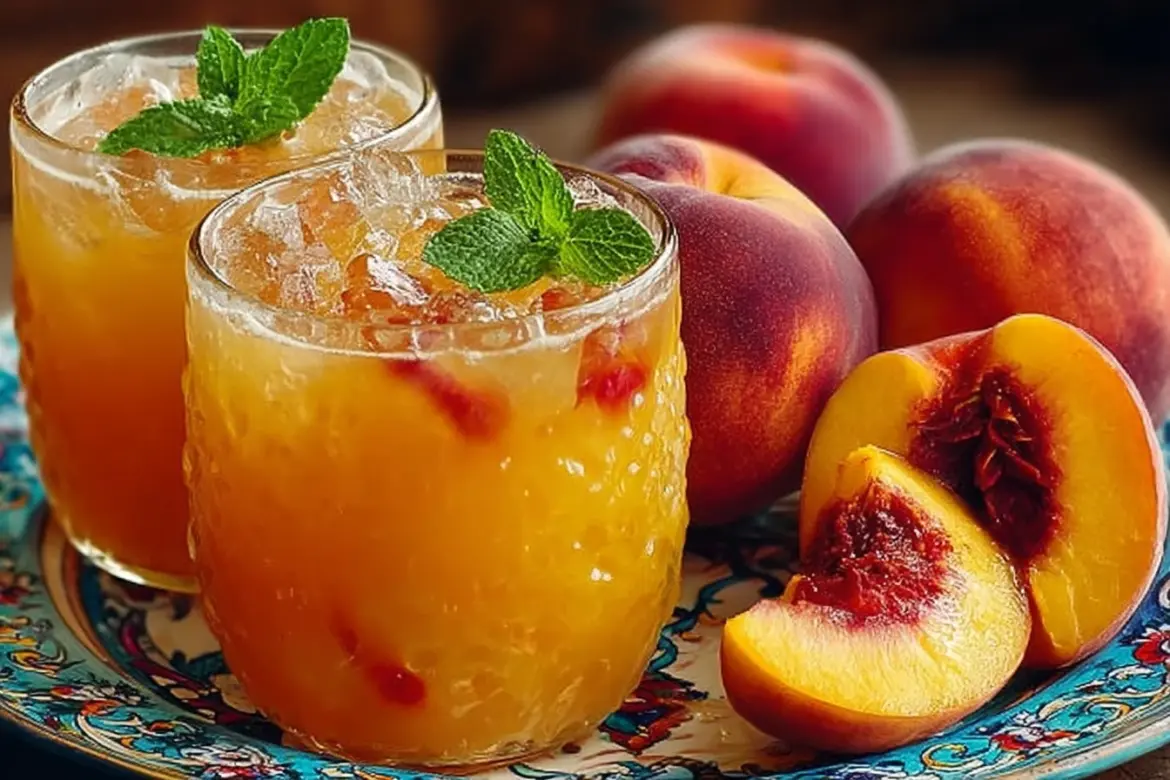 Refreshing peach lemonade in a glass with ice and fresh peaches