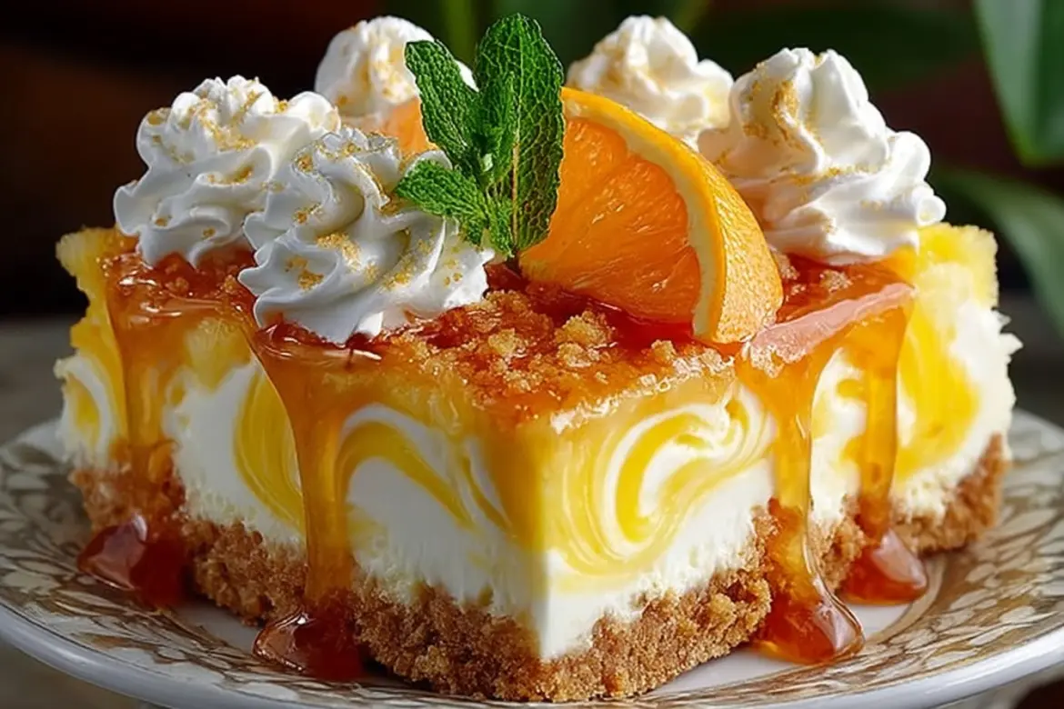 Slice of refreshing Southern Pineapple Orange Swirl Cheesecake with fruit topping