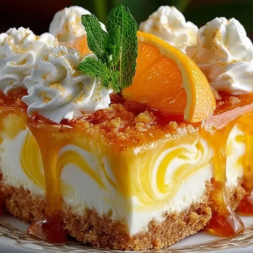 Slice of refreshing Southern Pineapple Orange Swirl Cheesecake with fruit topping