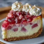 A slice of rhubarb cheesecake topped with whipped cream and fresh berries on a dessert plate