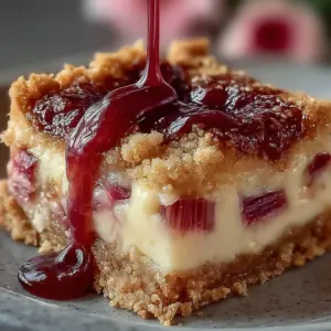 Sliced rhubarb cheesecake dream bars on parchment paper