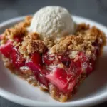 Bowl of rhubarb crunch with scoop of vanilla ice cream