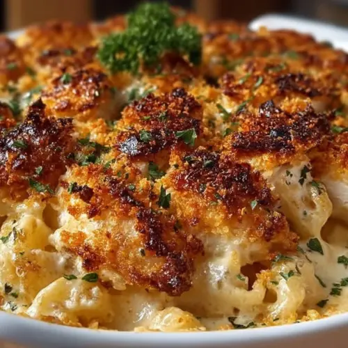 Ritz Cracker Chicken Casserole with a golden crust and creamy filling