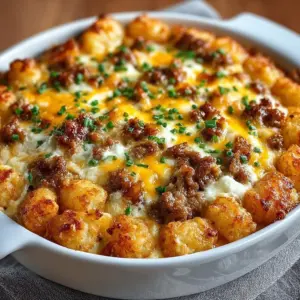 Golden-baked Sausage Cream Cheese Tater Tot Breakfast Casserole in a dish topped with chives