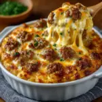 Baked sausage, egg, and cream cheese hashbrown casserole golden brown in a casserole dish