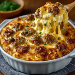 Baked sausage, egg, and cream cheese hashbrown casserole golden brown in a casserole dish