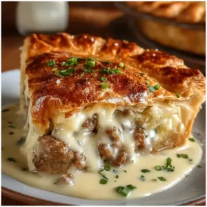 Golden sausage gravy puff pie with flaky crust in a pie dish