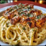 Plate of savory Cajun chicken over creamy parmesan linguine, garnished with parsley