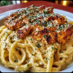 Plate of savory Cajun chicken over creamy parmesan linguine, garnished with parsley