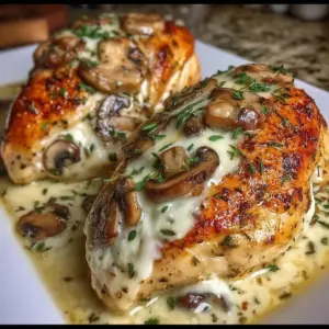 Savory mushroom cheese stuffed chicken on a plate garnished with herbs