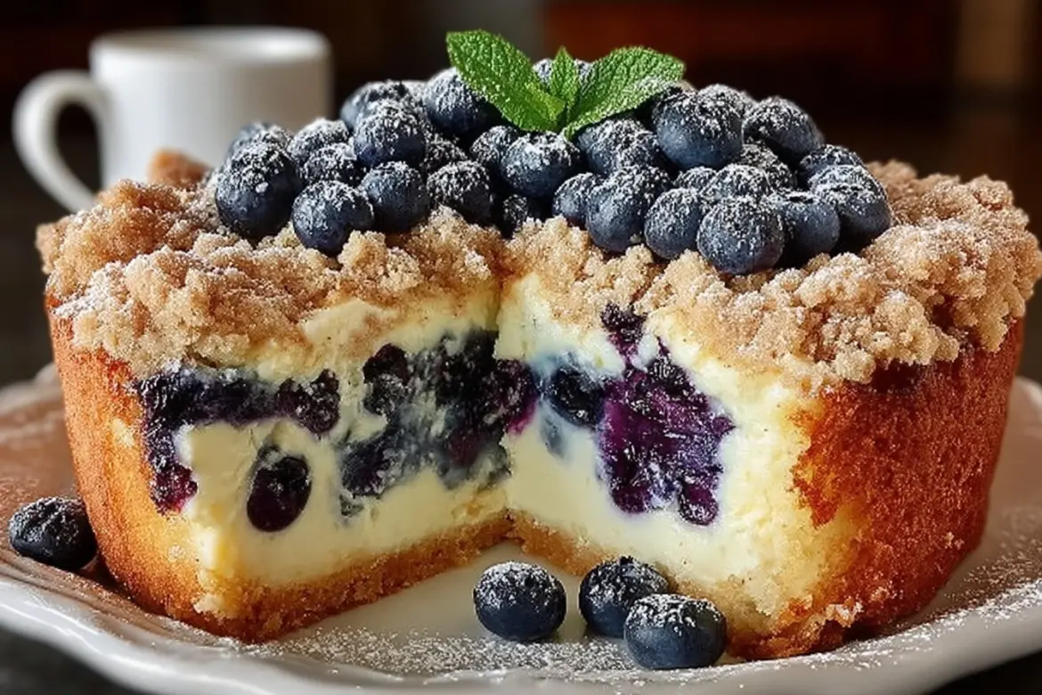 Delicious slice of Sherry's blueberry cream cheese crumb cake with a crumb topping