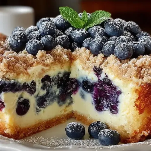 Delicious slice of Sherry's blueberry cream cheese crumb cake with a crumb topping