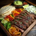 Sizzling steak fajitas with bell peppers in a skillet