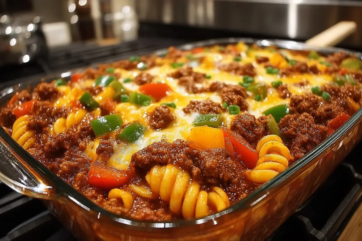 Delicious Sloppy Joe Casserole in a baking dish with melted cheese on top