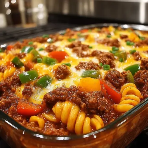 Delicious Sloppy Joe Casserole in a baking dish with melted cheese on top