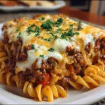 Baked Sloppy Joe Casserole with melted cheese in a casserole dish