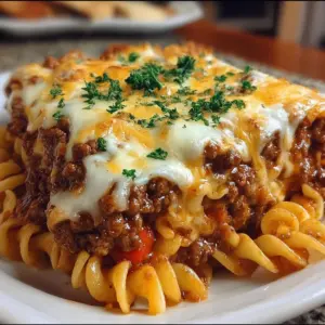 Baked Sloppy Joe Casserole with melted cheese in a casserole dish