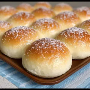 A basket of soft condensed milk rolls dusted with powdered sugar and served warm