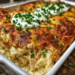 Sliced serving of Sour Cream Chicken Enchilada Casserole topped with melted cheese and fresh cilantro