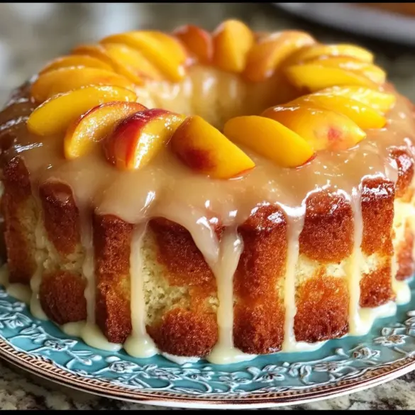 Slice of Southern Peach Buttermilk Pound Cake on white plate with peaches