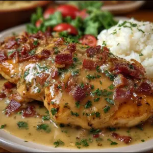 Plate of Southern smothered chicken topped with gravy and bacon bits, served with mashed potatoes